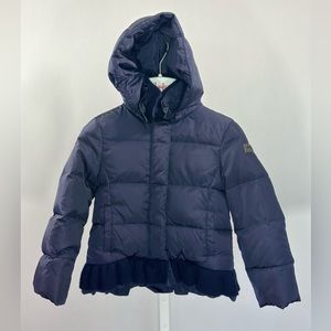 IL GUFO - Navy Blue Down Hooded Puffer Jacket with Ruffled Trim. 4 Years